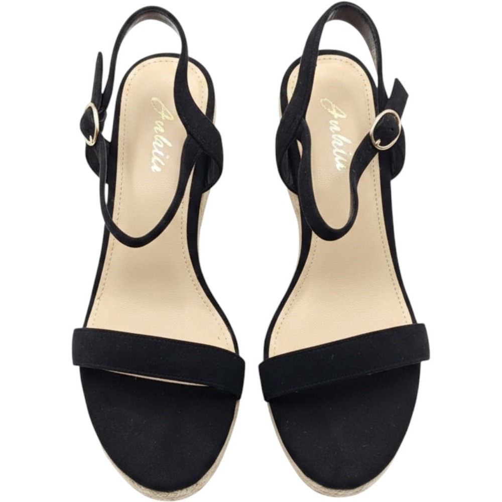 Ankis Womens Black Faux Suede Espadrille Wedge Sandals Size 7.5 Ankle Strap